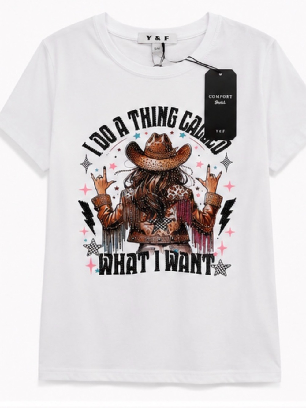Y&F NWT Rhinestone Cowgirl Western Graphic Tee White S/M